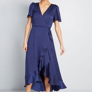 Modcloth shiny nacy blue wrap dress